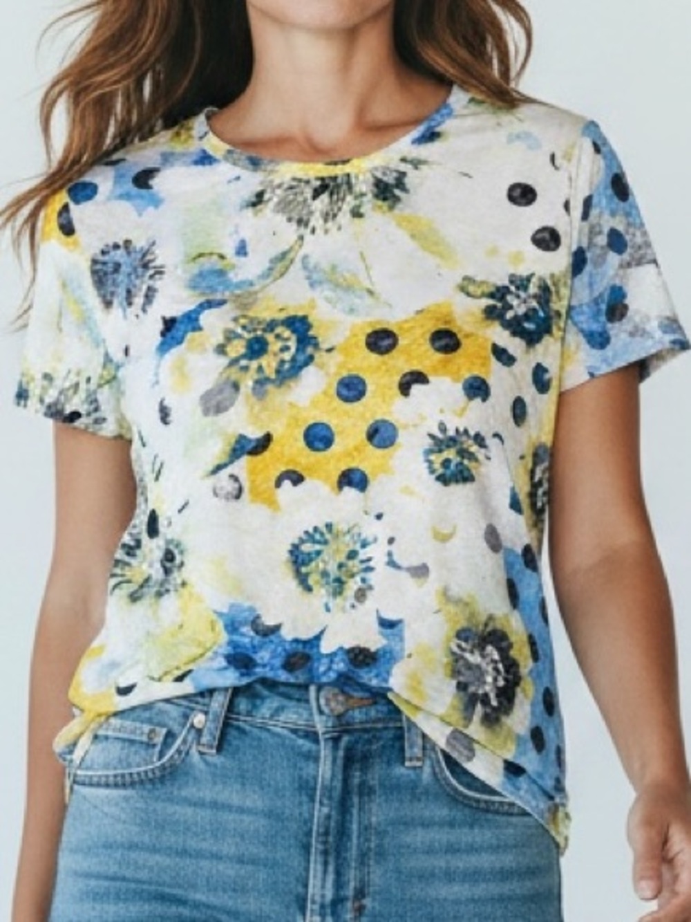 Allison Daley Blue & Yellow Floral Polka Dot Short Sleeve Top